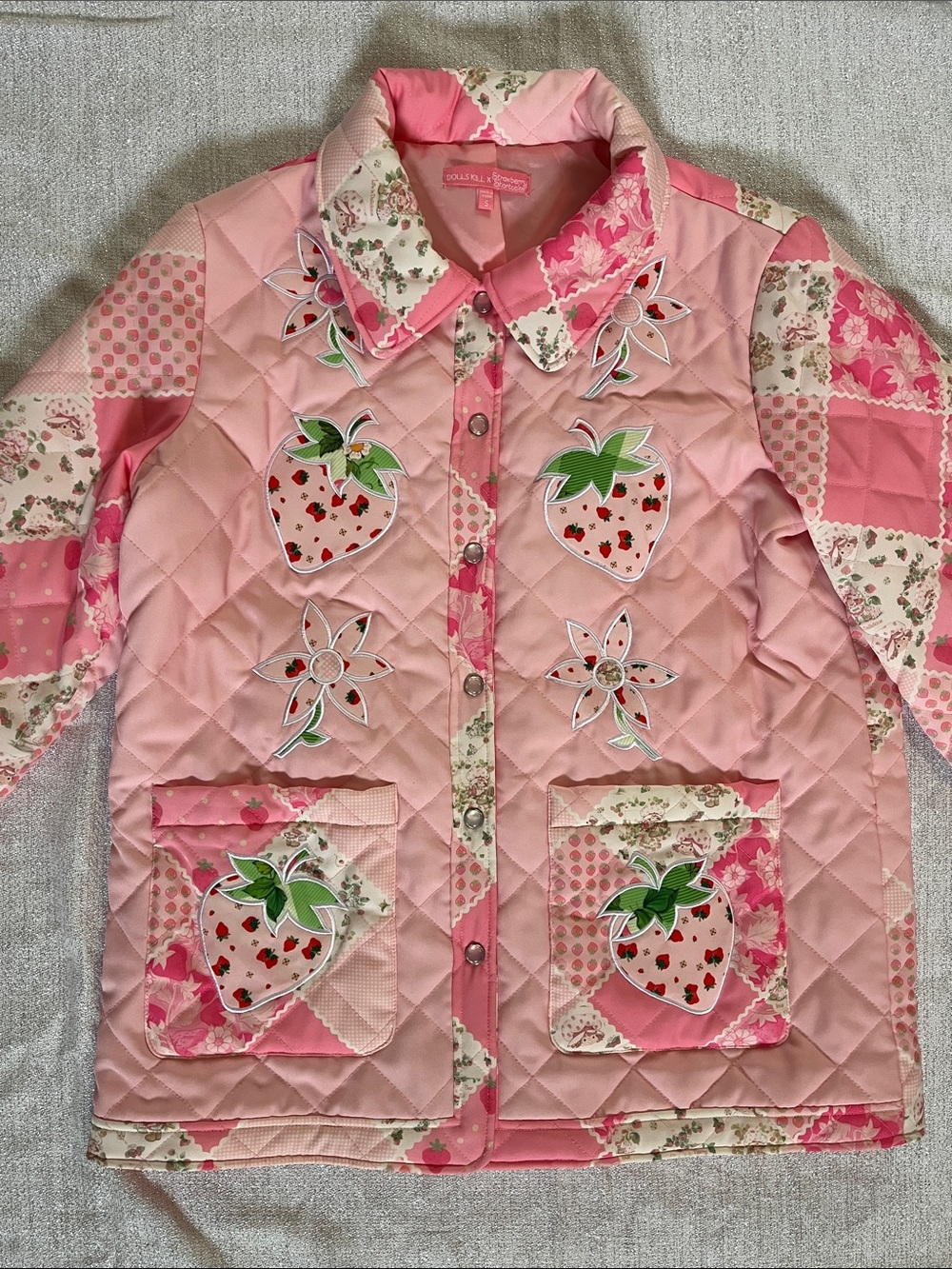 Dolls Kill Pink Quilted Strawberry Patchwork Puffer Jacket